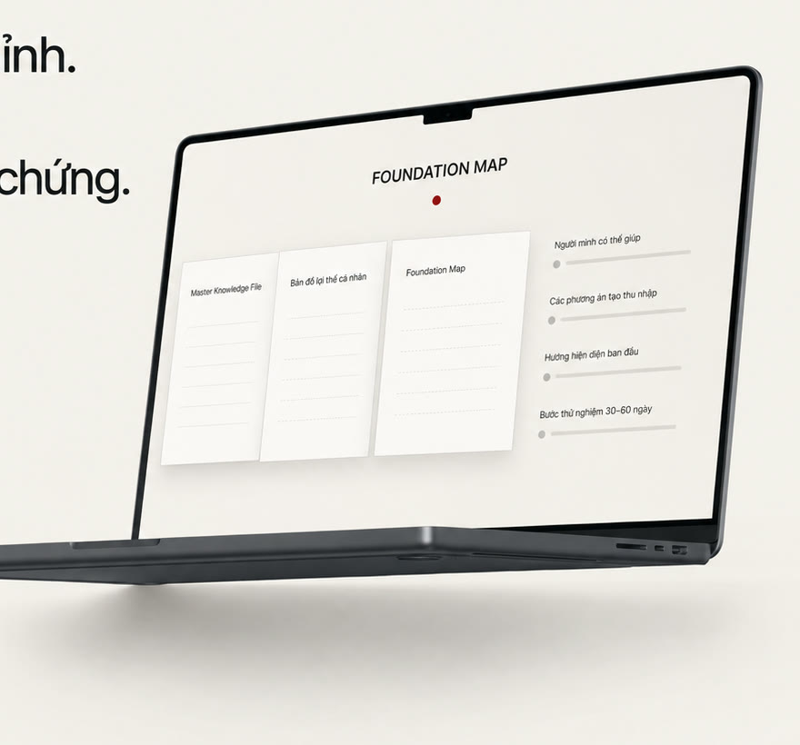 Foundation Map hiển thị trên màn hình laptop, gồm Master Knowledge File, bản đồ lợi thế cá nhân và các bước thử nghiệm